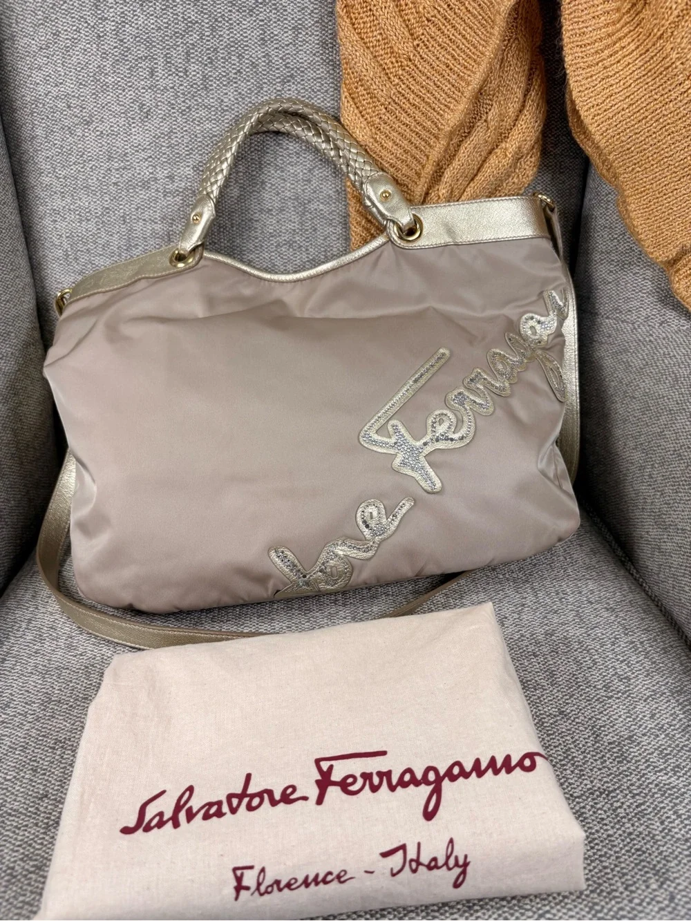 Salvatore Ferragamo Beige Nylon Shoulder Bag with Metallic Gold Trim